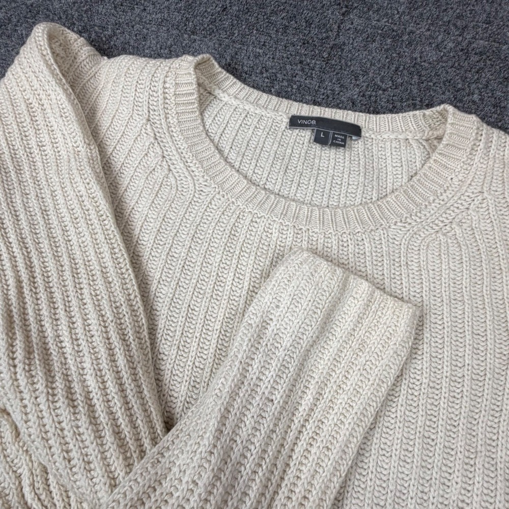 Vince Womens Large Ribbed Striped Crewneck Sweater Cream Navy Blue Raglan Knit